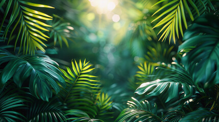 Tropical Palm leaves with sun light. Summer exotic trendy background with place for text	