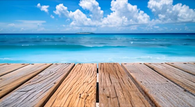 An empty wooden table top against the background of a blue beach and the sea. Smooth cyclic movement of the background of the video animation in 4k format.
