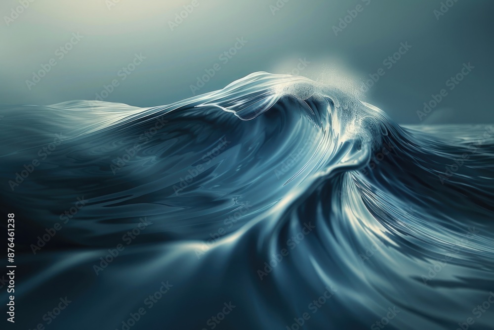 Poster a wave crashes against the shore of a calm ocean body, with some white foam and ripples on the surfa