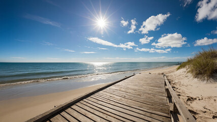 A serene wooden pier stretches into the tranquil ocean with a sunny sky above and puffy clouds.