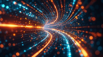 Obraz premium Digital Data Highway Illuminated Tunnel of Innovation and Speed Abstract Futuristic Technology Concept with Blue and Orange Lights