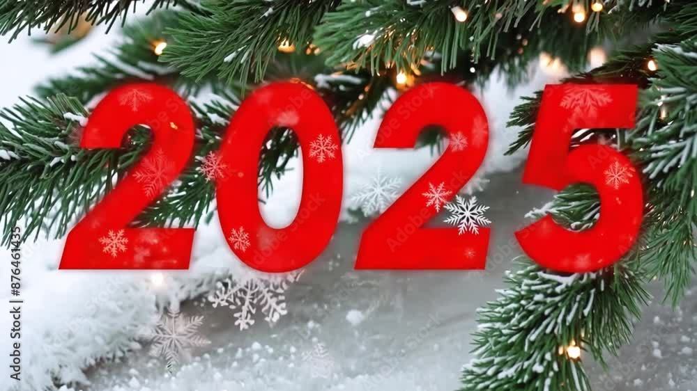 Poster a tree branch with snow on it and the year 2025 written on it. concept of nostalgia and the passage 