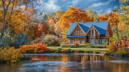 Obraz premium Autumn Bliss Cozy Cottage Retreat Surrounded by Vibrant Foliage and Serene River Reflections Tranquil Countryside Haven in Fall Landscape Photography