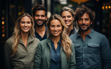 Fototapeta premium A group of people are smiling for the camera. They are all wearing green and blue clothing. Scene is happy and friendly