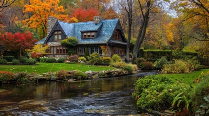 Obraz premium Autumn Bliss Charming Cottage Surrounded by Vibrant Fall Foliage and Serene River Reflections Canon EOS 5D Mark IV 35mm Lens f8 Aperture Photography