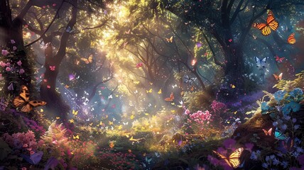 Fototapeta premium A forest filled with butterflies and flowers