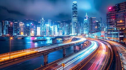 Fototapeta premium A city at night with a bridge over a river