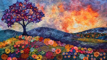 A colorful quilt with a tree and flowers in a field