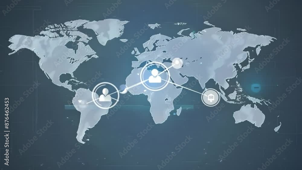 Poster a blue background with a map of the world. the map is blurry and the colors are muted