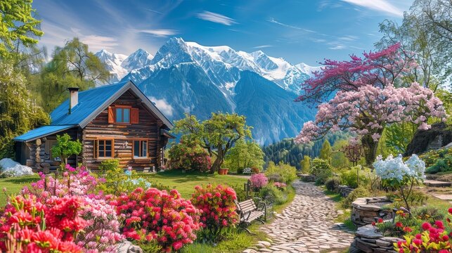 Mountain Escape Serene Countryside Retreat with Vibrant Garden and Cozy Wooden House Canon EOS 5D Mark IV 2470mm Lens f8 Aperture