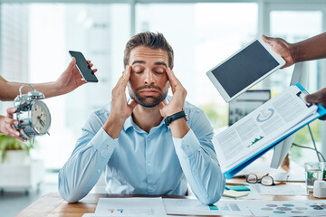 Hands, tired and man in office, schedule and burnout of accountant, stress and paperwork. Planning,...