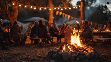 Embracing Unity Festive Bonfire Gathering with Patriotic Decorations