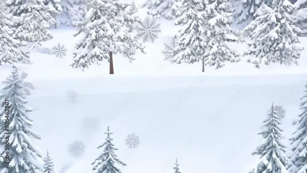 Poster a snowy forest with tall trees covered in white, and a mysterious box sitting in the snow, creating 