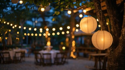 Enchanting Outdoor Birthday Party Decor with String Lights and Lanterns Festive Evening Celebration Ambiance with Tables and Chairs for Guests Nikon D850 50mm Lens