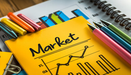 "Market" written on a yellow sticky note with graphs, surrounded by colorful pens and documents, representing analysis