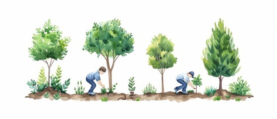 Fototapeta premium A charming watercolor illustration of ecosystem restoration, capturing volunteers planting trees and restoring natural habitats, isolate on white background with copy space