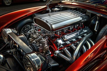 A detailed view of a red car's chromed engine, great for automotive or transportation-related content