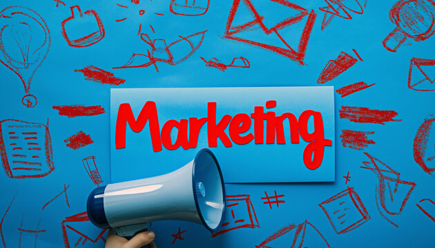 "Marketing" written on a blue sticky note with red doodles and a megaphone, representing promotion and strategy