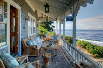 Fototapeta premium Charming Nautical Beach Cottage Porch with Ocean View for Relaxation and Comfort