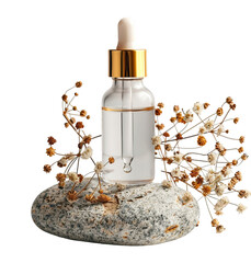 Face serum in cosmetic dropper bottle standing on stone with dry flowers Beauty composition on isolated transparent background
