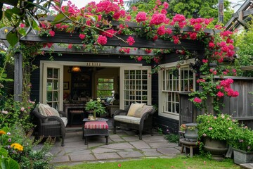 Charming Garden Cottage with Flower-Covered Trellis and Cozy Outdoor Seating Area for Relaxation