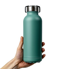Hand holding a reusable thermo water bottle with nature on isolated transparent background