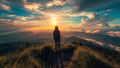 Fototapeta premium Person standing on a mountain peak, overlooking a beautiful sunrise, representing adventure and freedom