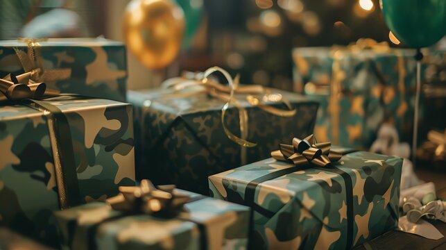 Soldier's Sendoff Heartfelt Army Farewell Gifts and Decorations on Camouflage Table Emotional Military Farewell Celebration with Balloons and Streamers Nikon Z7 50mm Lens Captured Clarity and Detail