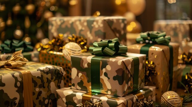 Soldier's Sendoff Heartfelt Army Farewell Gifts and Decorations on Camouflage Table Emotional Military Farewell Celebration with Balloons and Streamers Nikon Z7 50mm Lens Captured Clarity and Detail