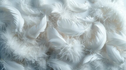 A delicate composition of soft white feathers, each perfectly arranged to create a fluffy and airy scene, evoking a sense of purity, comfort, and gentle calmness.