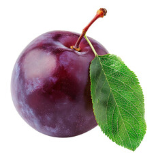 Plum with leaf on isolated transparent background