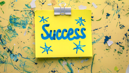 "Success" written on a bright yellow sticky note with blue stars, placed on an artistic background