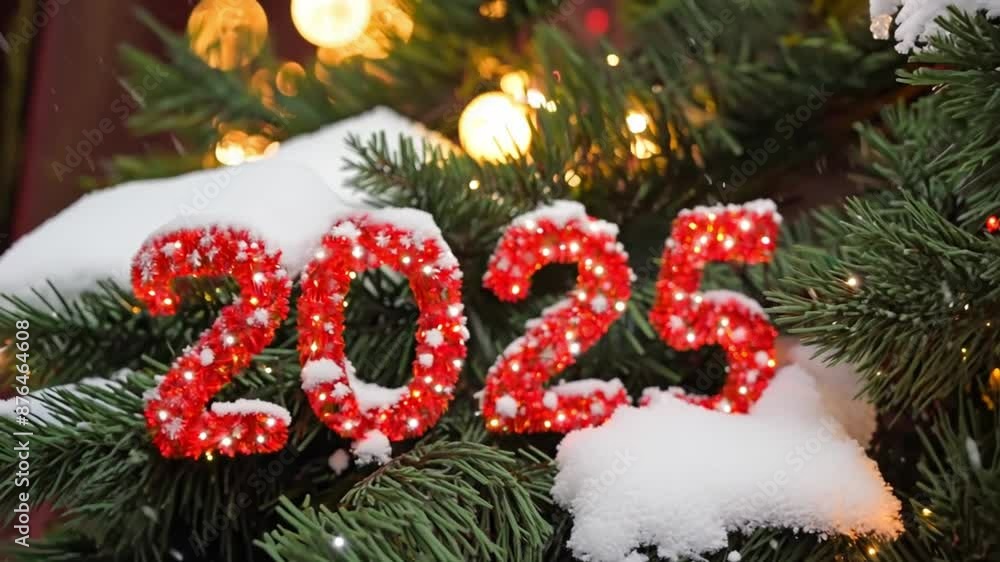 Poster a christmas tree with the number 2025 on it. the tree is covered in snow and has lights on it
