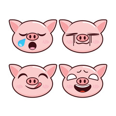 Vector set of cute Pig emoji faces with various expressions. Isolated on white background