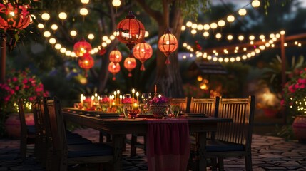 Gleaming Diwali Gathering Vibrant Garden Party with Lights Lanterns and Joyful Guests