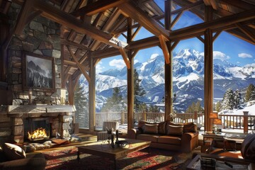 Fototapeta premium Cozy Mountain Lodge Living Room with Stone Fireplace and Panoramic Snow-Capped Peaks View