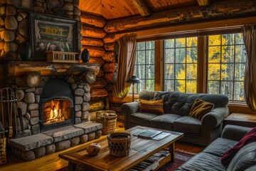 Cozy Rustic Log Cabin Interior with Stone Fireplace and Forest View - Ideal Winter Retreat Design