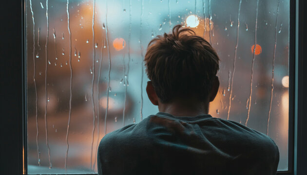 Person looking out of a rainy window at night, creating a reflective and somber mood