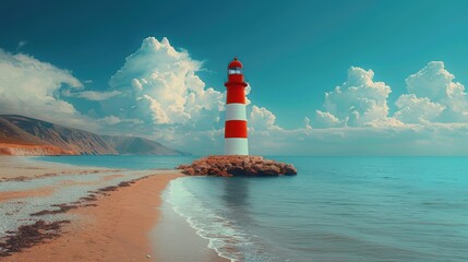 A picturesque red and white lighthouse standing tall on a sandy beach with a calm blue sea and a partly cloudy sky in the background, ideal for travel enthusiasts.