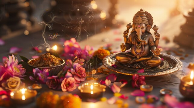 Sacred Diwali Puja Divine Idol of Lord Ganesha Surrounded by Flowers and Light