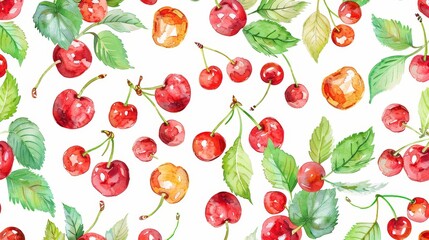 Watercolor cherry seamless pattern. Summer berries, fruits, leaves, flowers background. Vector illustration for spring cover, tropical wallpaper texture, backdrop, wedding invitation
