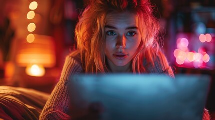A young woman with red-tinted hair is illuminated by ambient colorful lights while reading a paper. The intimate and dreamy setting captures a moment of quiet reflection.
