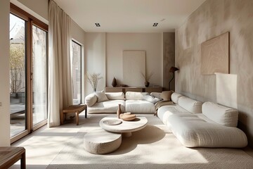 Minimalist Cozy Living Space with Neutral Colors, Soft Textures, and Abundant Natural Light