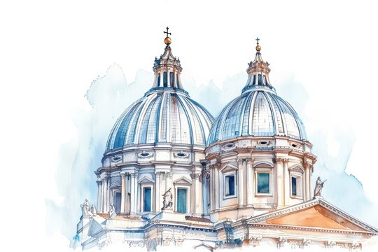 A lively watercolor rendering of domes, showing the impressive curvature and engineering marvel of a grand architectural dome, isolate on white background with copy space