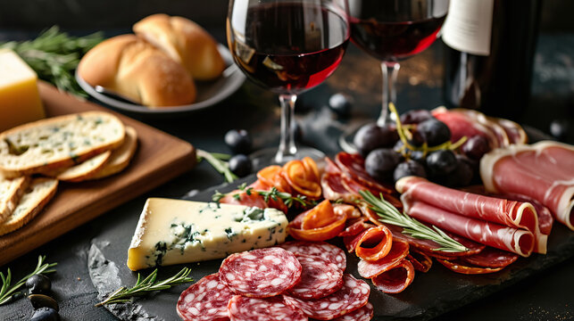 Two red wine glasses with buffet platter with cheese and meats, antipasti, prosciutto, charcuterie.