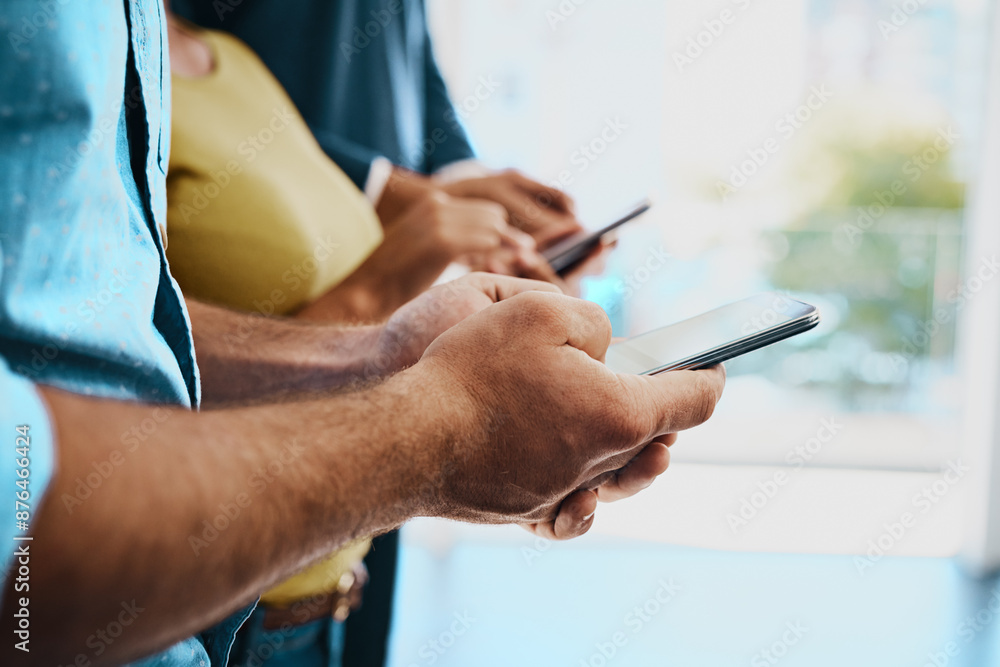 Poster screen, hands and typing with cellphone, people and pre approved loan for small business, email and 