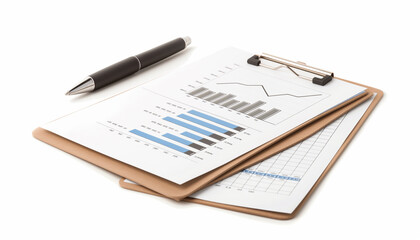 Clipboard with financial charts and graphs and a pen, representing data analysis and business planning