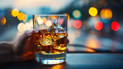 Hand holding a glass of whiskey with ice inside a car with blurred city lights in the background. Concept of drinking and driving. Design for poster, banner, and awareness campaign. Close-up shot.