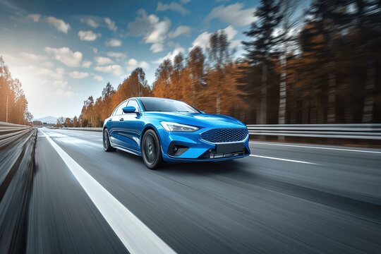 Rear view of blue Business car on high speed in turn. Blue car rushing along a high-speed highway, fast blur background	