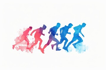 A soft watercolor rendering of dance fitness, showing a group of people moving in sync to lively music in a spacious studio, isolate on white background with copy space